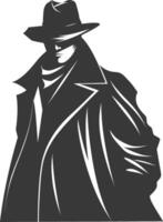 silhouette misterioso uomo nel un' mantello nero colore solo vettore
