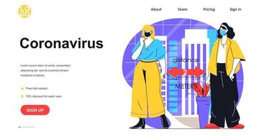 concetto di banner web di prevenzione del coronavirus. le donne con mascherine mediche mantengono il distanziamento sociale. precauzioni di diffusione del virus, modello di pagina di destinazione. illustrazione vettoriale con scena di persone in design piatto