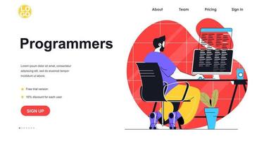 programmatori che lavorano concetto di banner web. l'uomo lavora al computer sul posto di lavoro dell'ufficio, codifica codice o script, crea un modello di pagina di destinazione del software. illustrazione vettoriale con scena di persone in design piatto