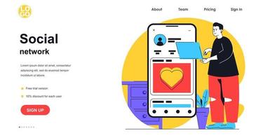 concetto di banner web di social network. uomo che utilizza l'app mobile per la navigazione, invia messaggi e pubblica foto, modello di pagina di destinazione della comunicazione online. illustrazione vettoriale con scena di persone in design piatto