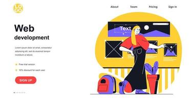 concetto di banner web di sviluppo web. donna crea il layout del sito, posiziona gli elementi grafici, ottimizza e personalizza la pagina, il modello della pagina di destinazione. illustrazione vettoriale con scena di persone in design piatto