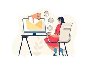 concetto di email marketing per banner web. la donna scrive e invia lettere informative, promozione aziendale online scena di persona moderna. illustrazione vettoriale in design piatto cartone animato con personaggi di persone