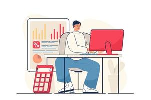 concetto di contabilità per banner web. contabile uomo che studia statistiche finanziarie, profitto aziendale o data d'affari scena persona moderna. illustrazione vettoriale in design piatto cartone animato con personaggi di persone