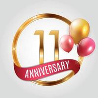 modello logo oro 11 anni anniversario con nastro e palloncini illustrazione vettoriale