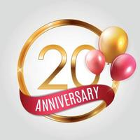 modello logo oro 20 anni anniversario con nastro e palloncini illustrazione vettoriale