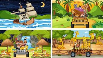 set di diverse scene con animali nello zoo e nave pirata al mare vettore