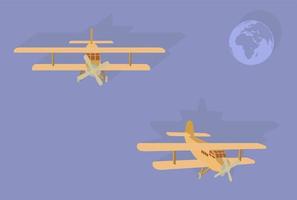 modello a colori di un vecchio aereo nel cielo con l'immagine della terra. angoli diversi. illustrazione vettoriale
