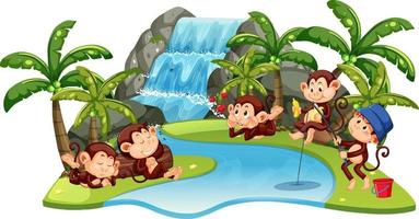 cascata isolata con scimmiette vettore