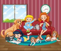 scena della stanza con famiglia felice e cani vettore