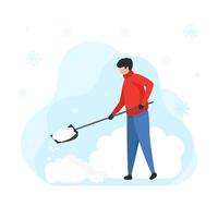 l'uomo con una pala rimuove la neve dal tetto della casa. sgombrare l'area dalla neve durante abbondanti nevicate. illustrazione vettoriale