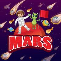 bambino astronauta e alieno sul poster dei cartoni animati del pianeta vettore