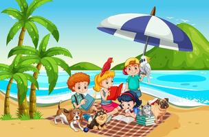 scena della spiaggia con bambini che giocano con i loro cani vettore