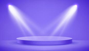 stanza vuota illuminata viola con piattaforma circolare e intradossi. illustrazione vettoriale di stile 3d realistico