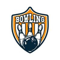 logo design bowling con palla da bowling che colpisce il perno bowling illustrazione vintage vettore