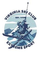 logo design virginia ski club sport estremo con uomo che scia sulla neve montagna vintage illustrazione vettore