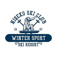 logo design niseko ski club sport invernali stazione sciistica 1987 con uomo che scia illustrazione vintage vettore