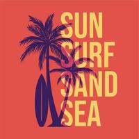 t shirt design sole surf sabbia mare con silhouette palma e tavola da surf illustrazione piatta vettore