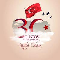 turchia celebrazione nazionale carta, distintivo, banner o poster disegno vettoriale 30 agustos zafer bayrami kutlu olsun, traduzione inglese, felice 30 agosto, giorno della vittoria