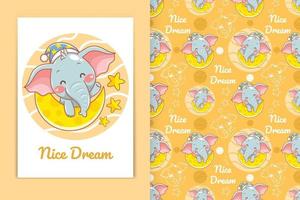 simpatico elefantino con luna e stelline illustrazione di cartone animato e set di modelli senza cuciture vettore