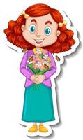 una ragazza che tiene il personaggio dei cartoni animati di un mazzo di fiori vettore