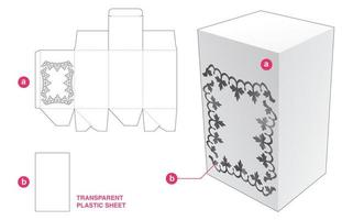 scatola e motivo floreale stampato con sagoma fustellata in foglio di plastica trasparente vettore