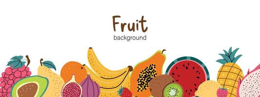 sfondo con diverso frutta e frutti di bosco. anguria, Banana, kiwi, ananas, Pera, Limone, avocado. corretto nutrizione. illustrazione. orizzontale bandiera con isolato sfondo. vettore