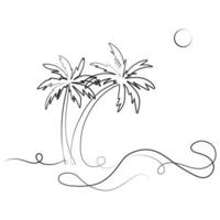 Due palma alberi e mare onde uno linea disegno.astratto tropicale paesaggio continuo arte linea.concetto di estate vacanza, turismo e viaggio.semplice illustrazione.astratto disegno vettore