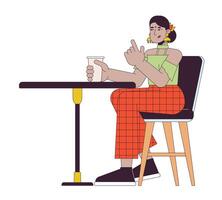 indiano donna seduta a bar tavolo 2d lineare cartone animato carattere. Sud asiatico femmina visitare caffè negozio isolato linea persona bianca sfondo. rilassamento colore piatto individuare illustrazione vettore
