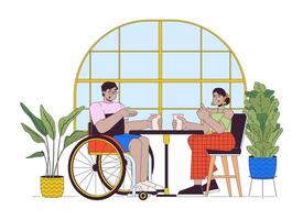 visitare bar con Disabilitato amico linea cartone animato piatto illustrazione. arabo uomo nel sedia a rotelle e indiano femmina 2d Linea artistica personaggi isolato su bianca sfondo. cena scena colore Immagine vettore