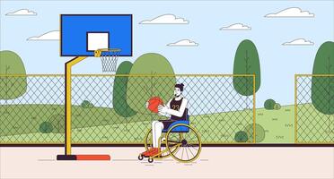 Disabilitato pallacanestro giocatore uomo cartone animato piatto illustrazione. sedia a rotelle caucasico maschio su gli sport terra 2d linea personaggio colorato sfondo. attivo stile di vita scena narrativa Immagine vettore