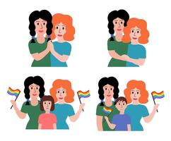 lgbt concetto. lesbica sposato coppia. donne adottato ragazzo o ragazza. Tenere multicolore bandiera orgoglio parata e abbracciare. illustrazione nel piatto stile. vettore