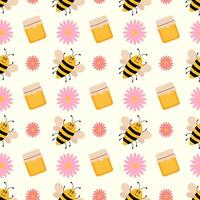 carino cartone animato senza soluzione di continuità modello con ape, miele vaso e fiori. divertente api sfondo. piatto illustrazione. vettore