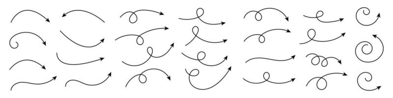 collezione di curvo frecce. impostato semplice curvo mano disegnato frecce. collezione di puntatori. vettore