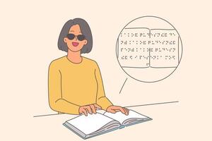 cieco donna usi braille per leggere libri o libri di testo e guadagno conoscenza mentre studiando a Università vettore