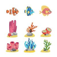 impostato di mare creature nel cartone animato stile. pesce, corallo e alghe. colore illustrazione per bambini libri e attivista libri. carino bambini illustrazione vettore