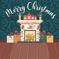 soggiorno natalizio con camino, pavimento in legno, carta da parati a motivi geometrici e testo di buon natale. caminetto con candele, regali e ghirlande. illustrazione vettoriale per biglietti di auguri