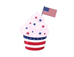 americano Cupcake con Stati Uniti d'America bandiera. unito stati simbolo. indipendenza giorno glassatura focaccina con rosso e blu stelle. luglio 4 dolce cibo, dolce nel noi patriottico a tema stile. piatto illustrazione vettore