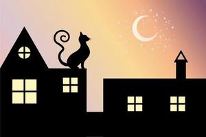 il gatto nero con la coda riccia si siede sul tetto di notte guarda la luna e le stelle, silhouette vettoriale isolata sullo sfondo sfumato del tramonto