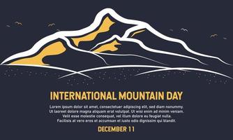 giornata internazionale della montagna. 11 dicembre. timbro di gomma, sfondo, etichetta, poster, biglietto di auguri, lettera, banner, illustrazione vettoriale. con icona di montagna. design premium e di lusso vettore