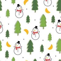 sfondo di Natale senza soluzione di continuità modello vettoriale con pupazzo di neve con albero di Natale. disegno disegnato a mano in stile cartone animato. utilizzare per stampe, illustrazioni, carta da parati decorativa, tessuti, tessuti, moda.