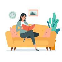 un' ragazza su il divano lettura un' libro. il concetto di avendo un' bene volta. vettore