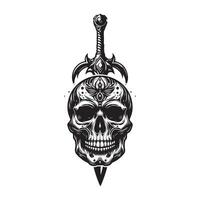 cranio con spada illustrazione, logo, icona, silhouette design nero e bianca vettore