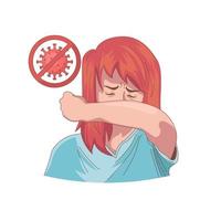 donna che si copre l'avambraccio quando tossisce per prevenire la diffusione del coronavirus covid-19 vettore