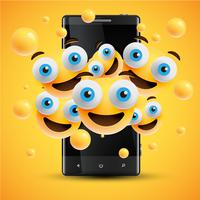 Emoticon gialli felici realistici davanti ad un cellulare, illustrazione di vettore