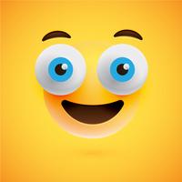 Emoticon giallo realistico davanti a uno sfondo giallo, illustrazione vettoriale