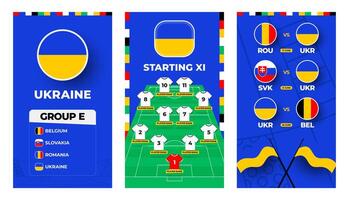 Ucraina squadra calcio 2024 verticale bandiera impostato per sociale media. calcio 2024 bandiera impostato con gruppo, perno bandiera, incontro programma e allineare su calcio campo vettore