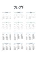 Modello di calendario 2027 in classico stile rigoroso con tipo di carattere scritto. calendario mensile pianificazione individuale minimalismo design sobrio per notebook aziendale. la settimana inizia di domenica vettore