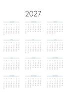 Modello di calendario 2027 in classico stile rigoroso. calendario mensile pianificazione individuale minimalismo design sobrio per notebook aziendale. la settimana inizia di domenica vettore