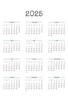 Modello di calendario 2025 in classico stile rigoroso con carattere scritto tipo. calendario mensile pianificazione individuale minimalismo design sobrio per notebook aziendale. la settimana inizia di domenica vettore