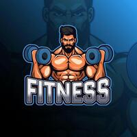 fitness uomo con manubri portafortuna logo design per distintivo, emblema, esport e maglietta stampa vettore